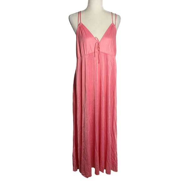 unbranded Other - Vintage 70s Nylon Nightgown M Pink Pullover V Neck Spaghetti Straps Low Back